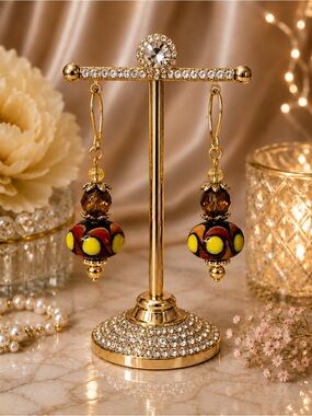 Wedding Cake Art Glass & Aurora Borealis Crystal Beaded Dangle Pierced Earrings